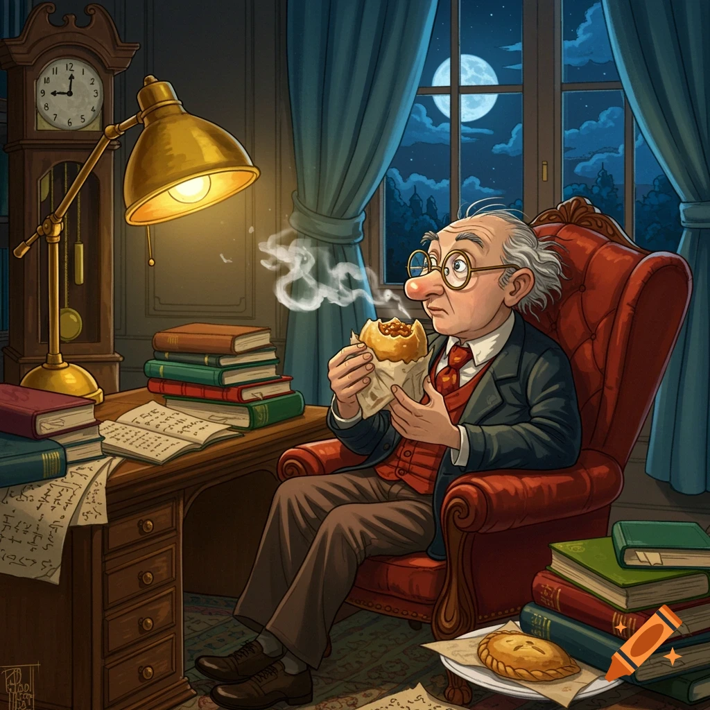 Cartoon illustration of an elderly professor with glasses sitting in an armchair, eating a pastry at his desk filled with books.