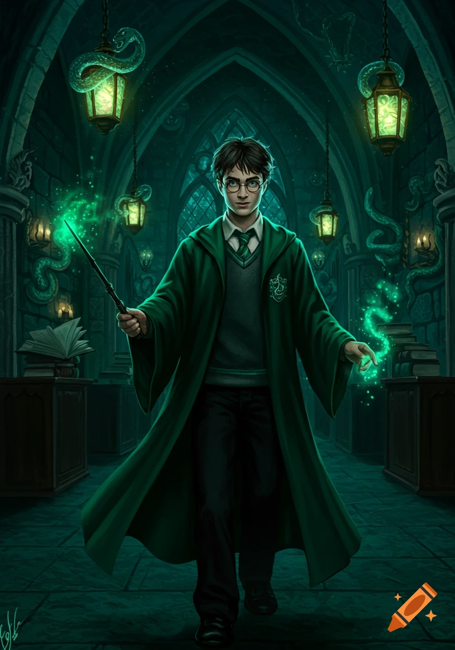 Harry Potter in green Slytherin robes casts a glowing green spell in a dark, snake-adorned hall.
