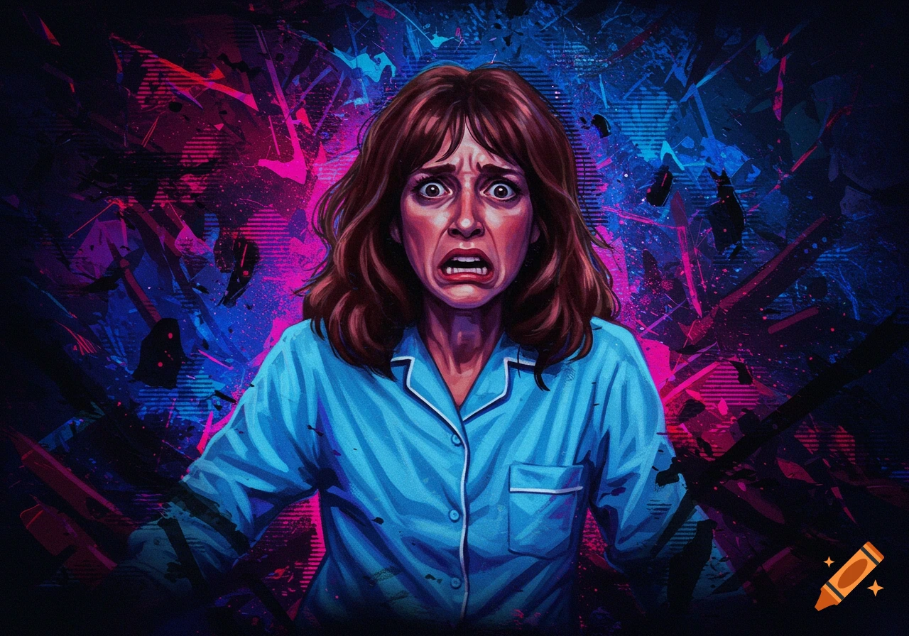 Illustration of a scared woman in blue pajamas against an abstract, neon 80s horror background.
