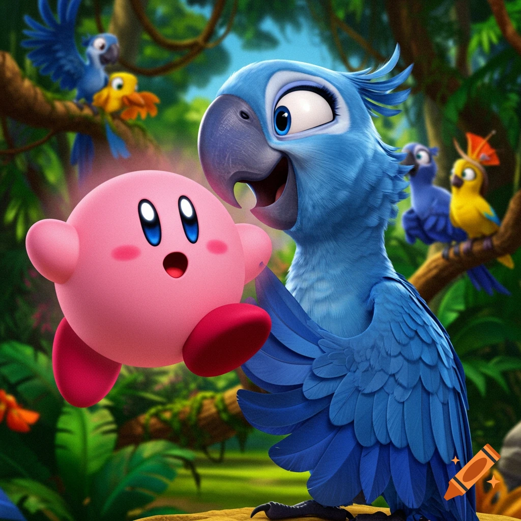 A blue macaw from Rio stares at a floating pink Kirby in a vibrant jungle setting.