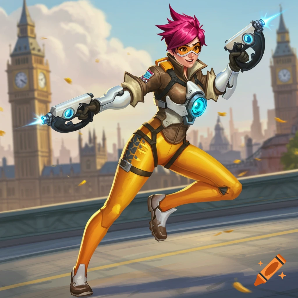 Tracer, the pink-haired Overwatch hero, leaps with pistols drawn against a stylized London cityscape featuring Big Ben.