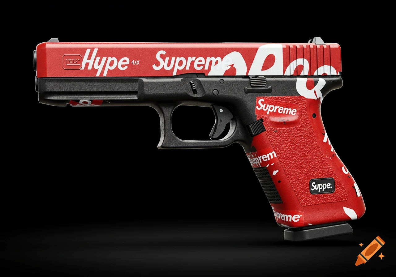 A photorealistic rendering of a custom red and black Glock pistol with 'Hype' and 'Supreme' branding.