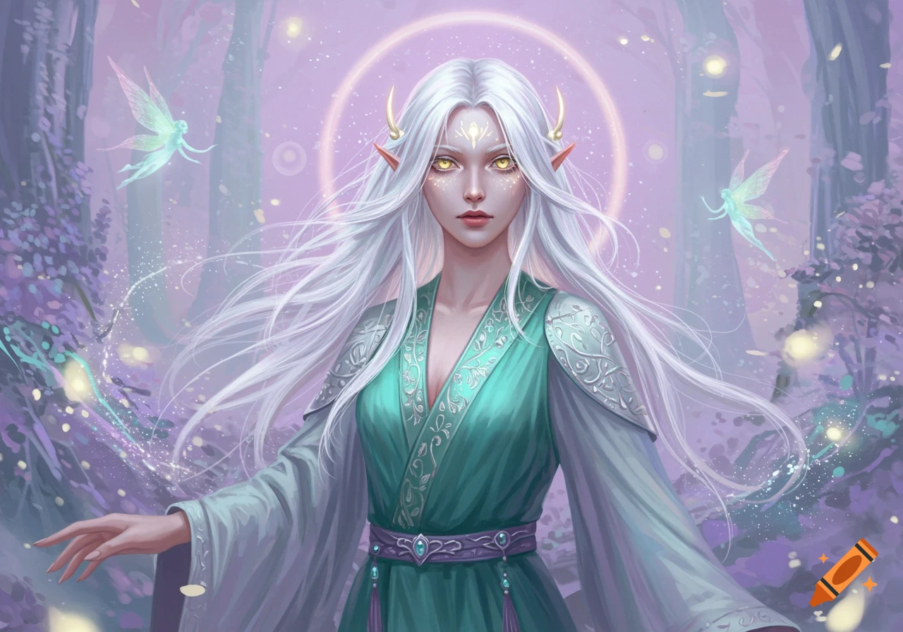 An elf-like woman with long white hair and golden eyes stands in a magical purple forest with glowing fairies.