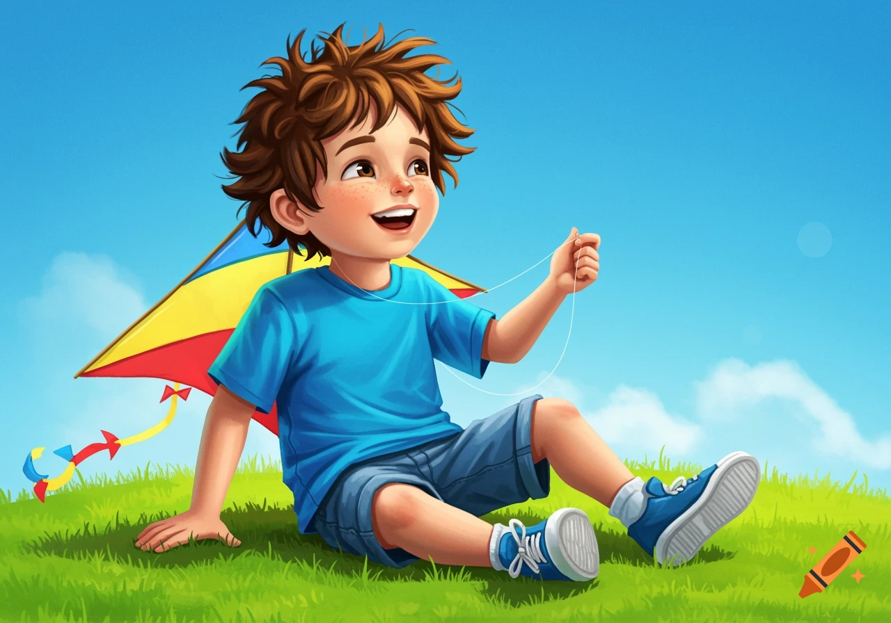 A happy cartoon boy with curly brown hair sits on green grass, holding the string of a colorful kite against a blue sky.