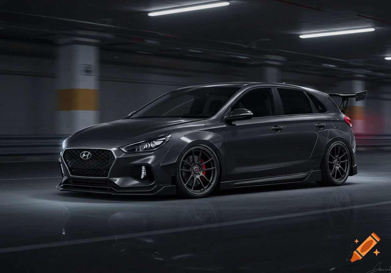 A dark grey modified Hyundai Elantra GT with a body kit is parked in a dimly lit underground garage, photorealistic style.