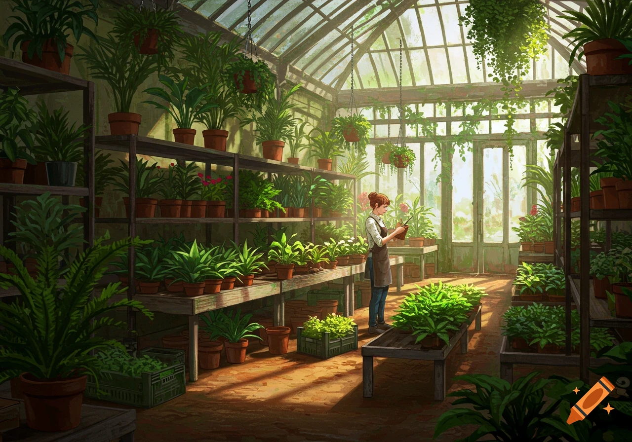 An illustrated image shows a woman tending to various potted plants inside a sunlit greenhouse.