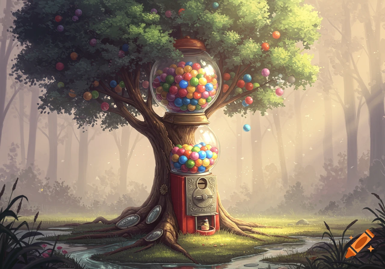 A whimsical gumball machine integrated into a tree in a misty forest with a flowing stream.