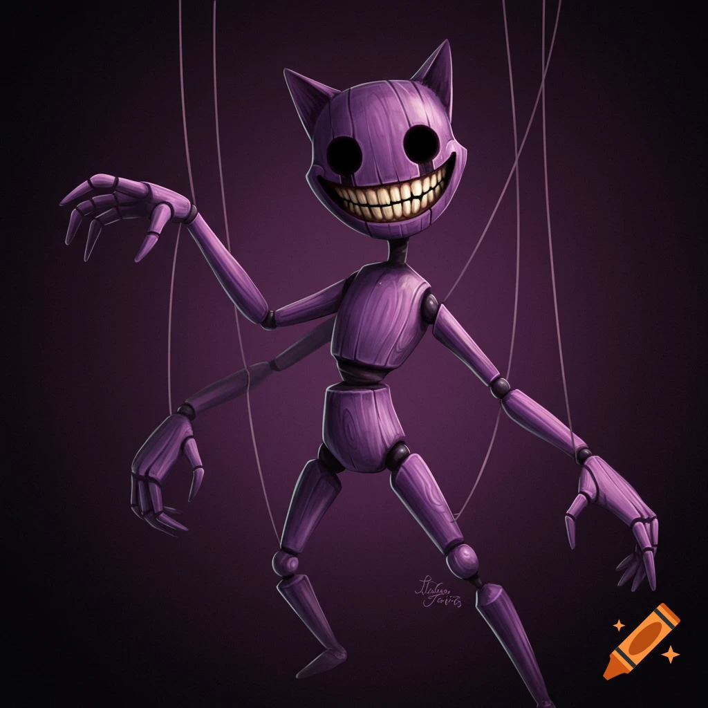 A creepy purple wooden cat puppet with a wide, toothy grin and black eye sockets, dangling from strings in a dark setting.