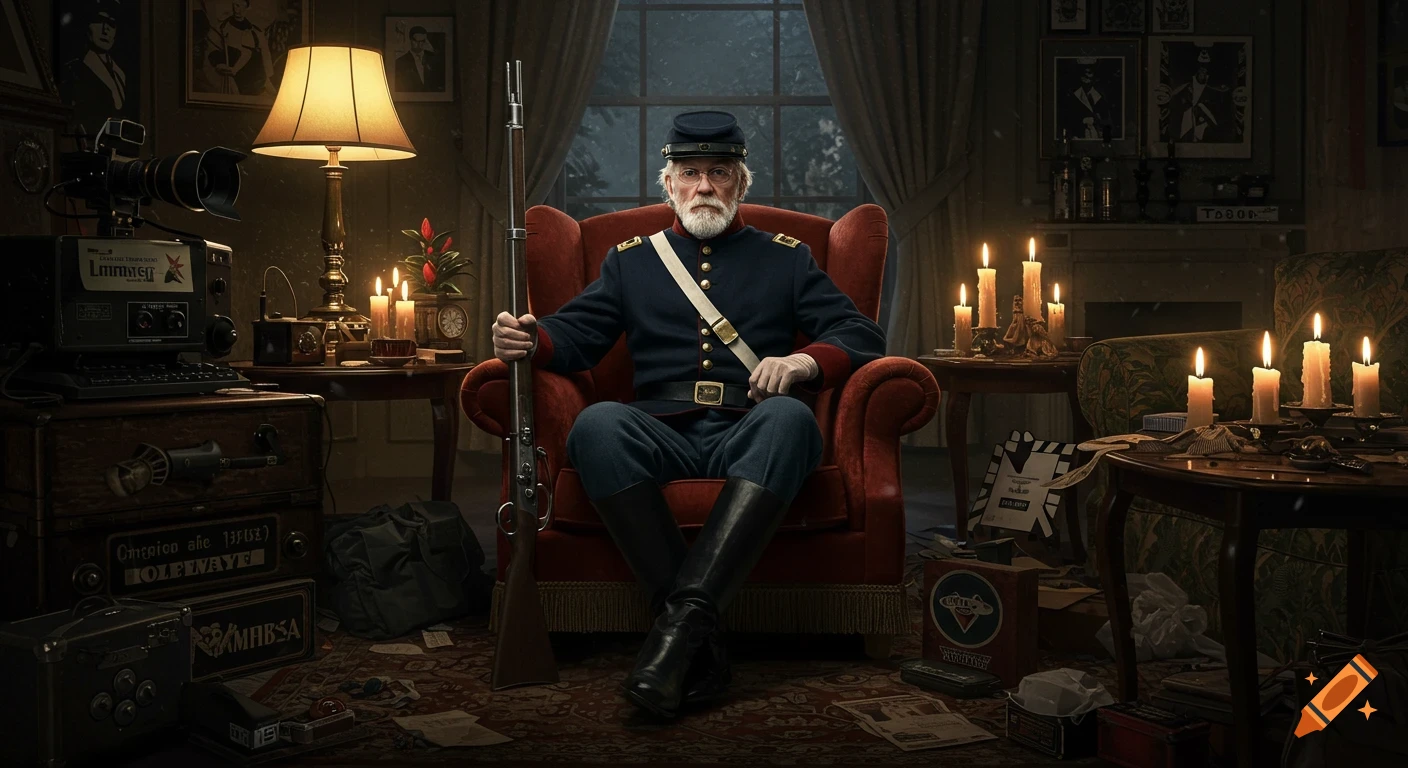 An old man in a Civil War general's uniform sits in a red armchair, holding a rifle, in a candlelit, cluttered room.