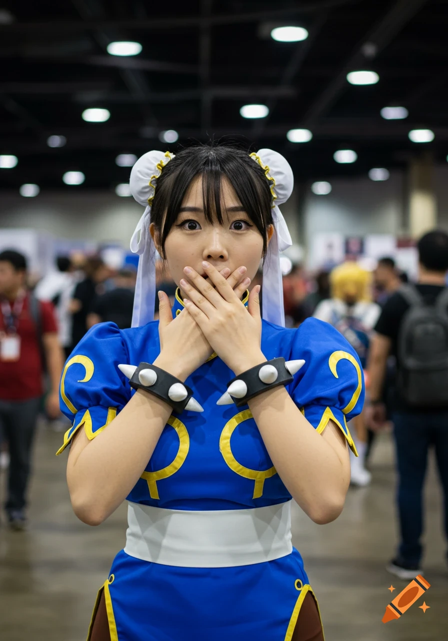 A young Asian woman cosplaying as Chun Li at a convention, hands covering her mouth with a surprised expression.