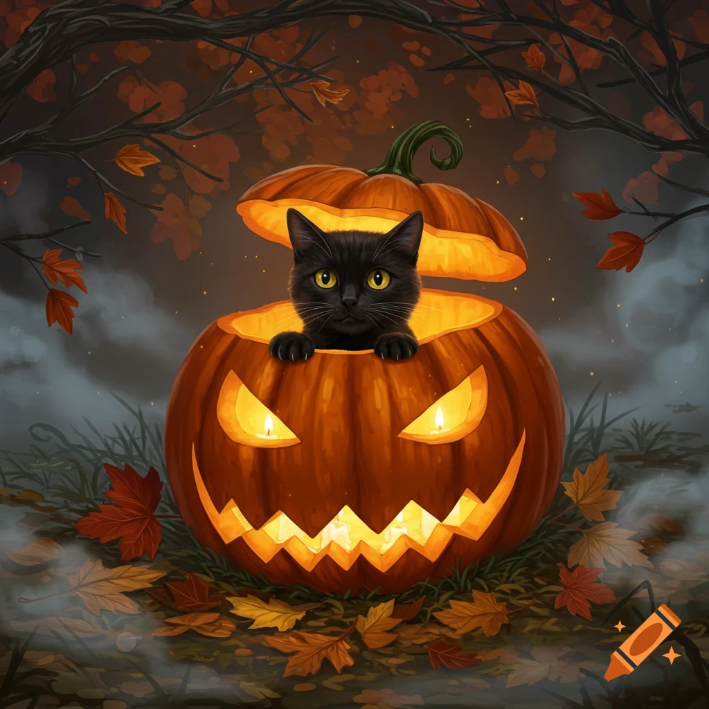 A black cat peeking out of a glowing jack-o'-lantern surrounded by fallen autumn leaves in a spooky, moonlit setting.