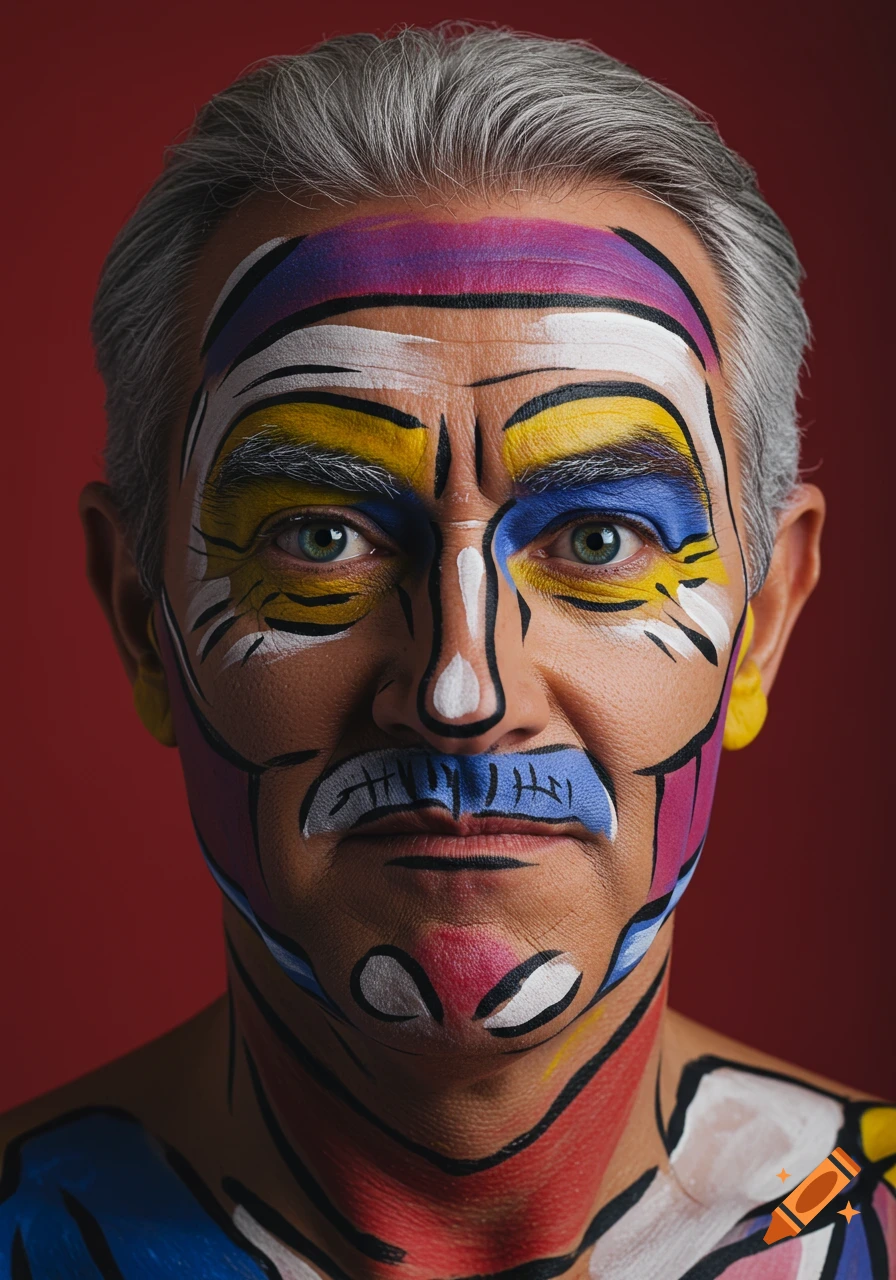 Close-up portrait of an older man with gray hair, his face painted with vibrant pop art makeup in comic book style.
