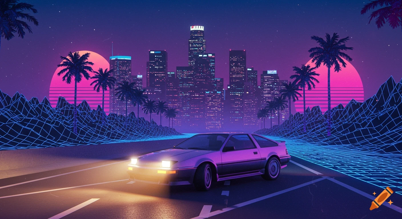 A purple vaporwave car drives on a highway at night, with a retro city skyline, palm trees, and glowing grid landscape under a pink sun.