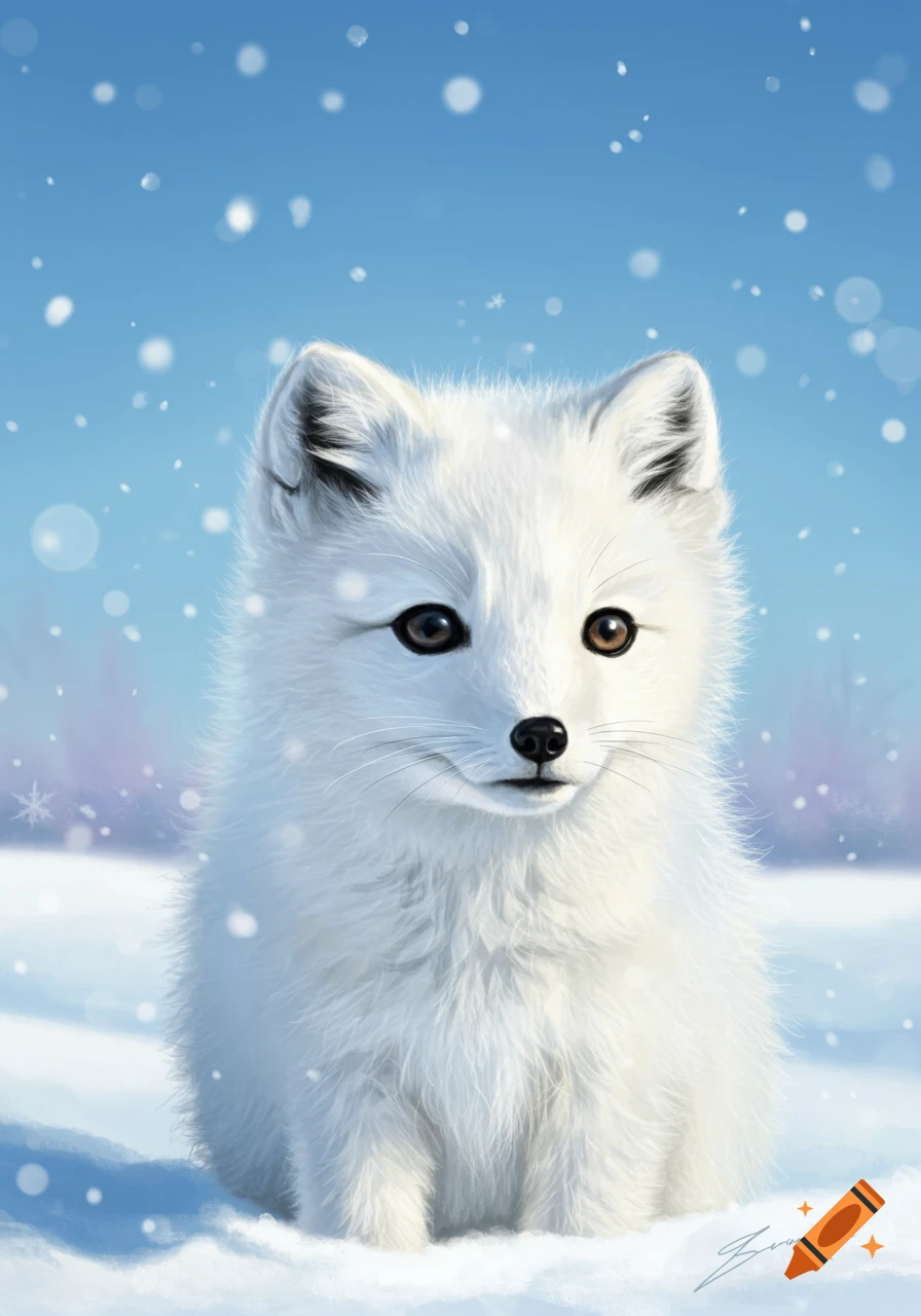 A fluffy white baby arctic fox sits in a snowy landscape with falling snowflakes under a clear blue sky, digital art.
