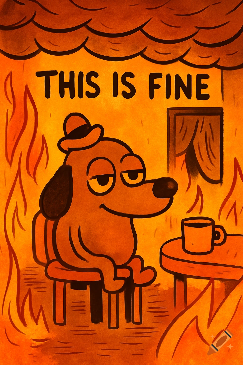 Cartoon dog in a hat sips coffee in a burning room, with 'THIS IS FINE' text above.