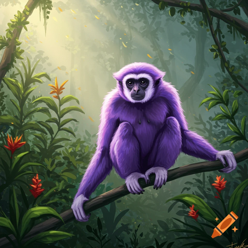 A vibrant purple monkey sits on a tree branch in a lush, sunlit jungle, illustrated.