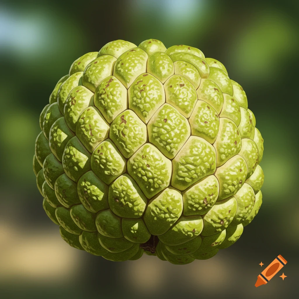 Photorealistic close-up of a green sugar apple, showing its textured skin against a blurred green background.