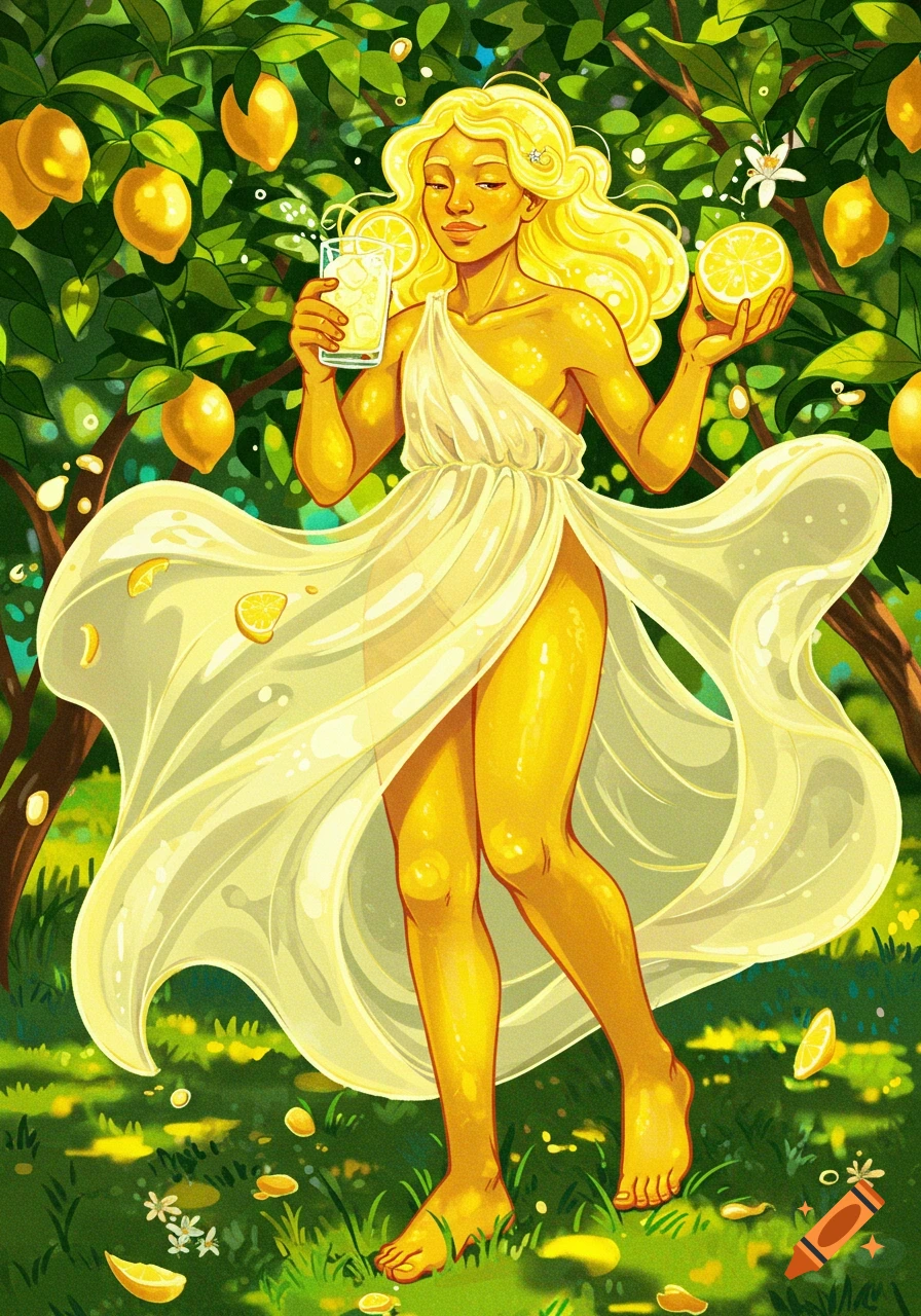 A vibrant illustration of a personification of lemonade, with yellow skin, flowing yellow hair, and a sheer white dress, holding a glass of lemonade and a lemon, standing in a lush lemon grove.