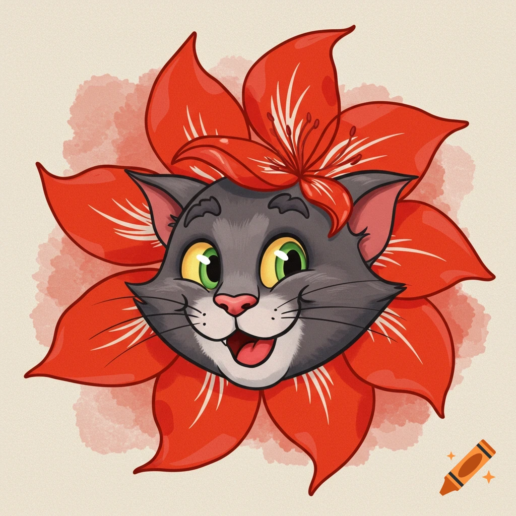 A smiling cartoon gray cat head with green and yellow eyes emerges from the center of a large red flower.