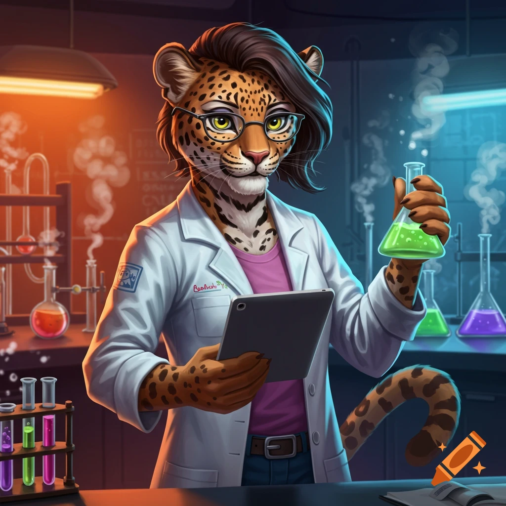 An anthropomorphic leopard scientist in a lab coat and glasses holds a green beaker in one hand and a tablet in the other, standing in a brightly lit laboratory.