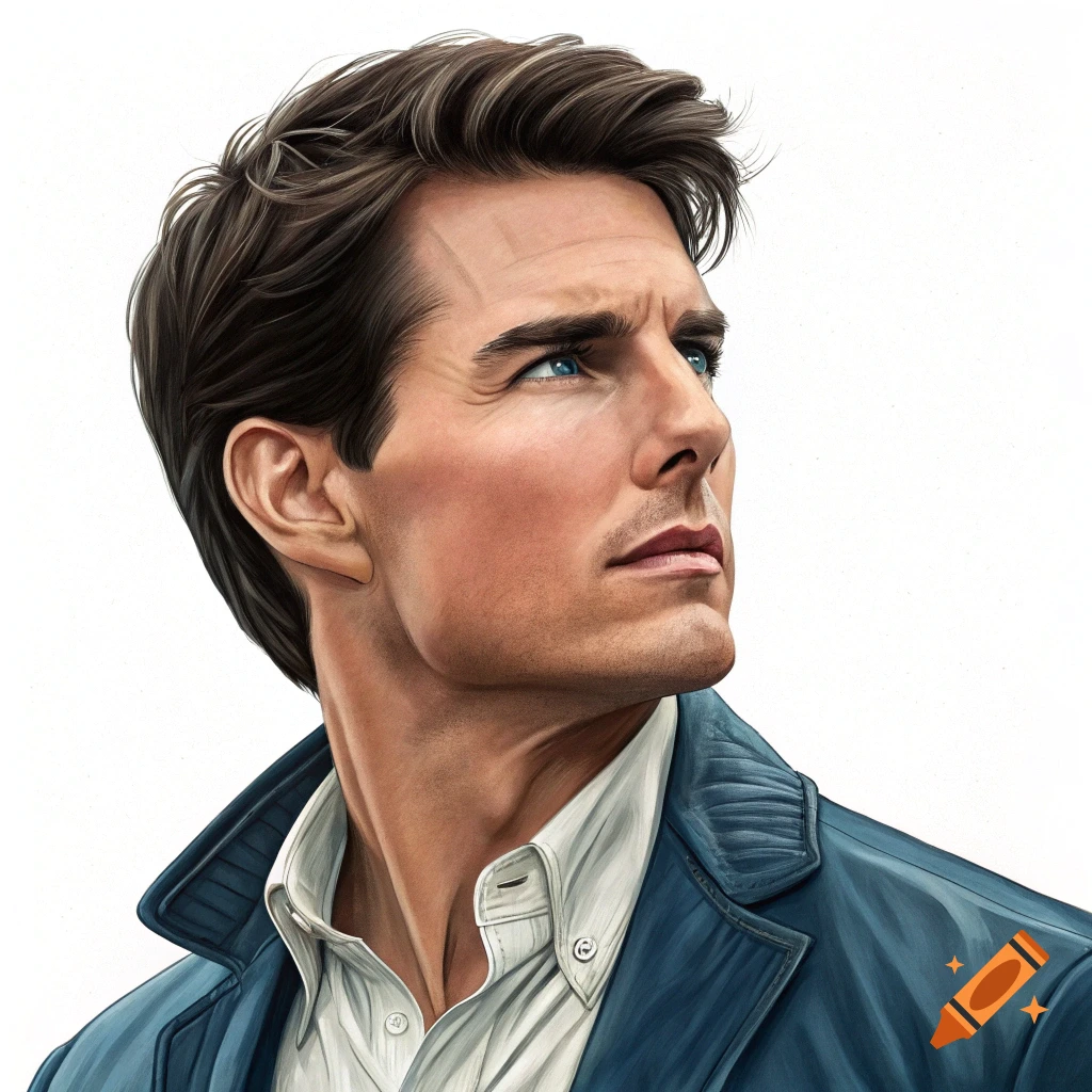 A close-up, painted portrait of a man resembling Tom Cruise looking upwards, wearing a white shirt and blue jacket.