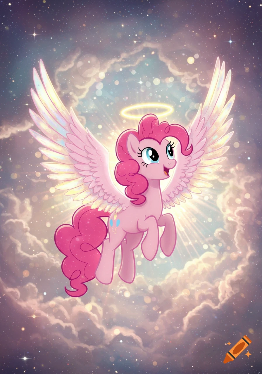 Pinkie Pie with large wings and a halo floats in a starry, cloudy sky with light rays, in a cartoon style.