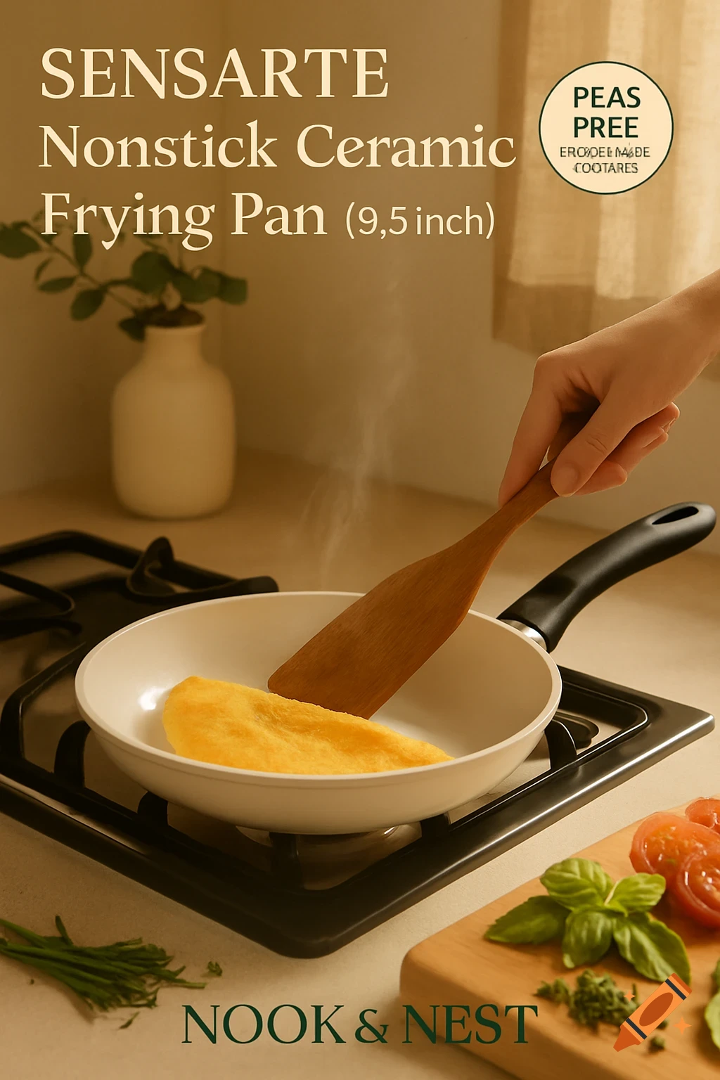 A hand uses a wooden spatula to flip an omelet in a white nonstick ceramic frying pan on a stovetop. Herbs and sliced tomatoes are on a cutting board nearby in a cozy kitchen.