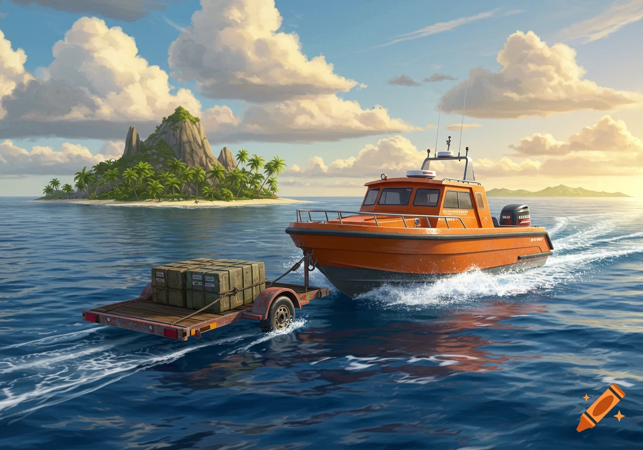 An orange boat tows a trailer with crates across blue ocean water towards a tropical island under a cloudy sky.