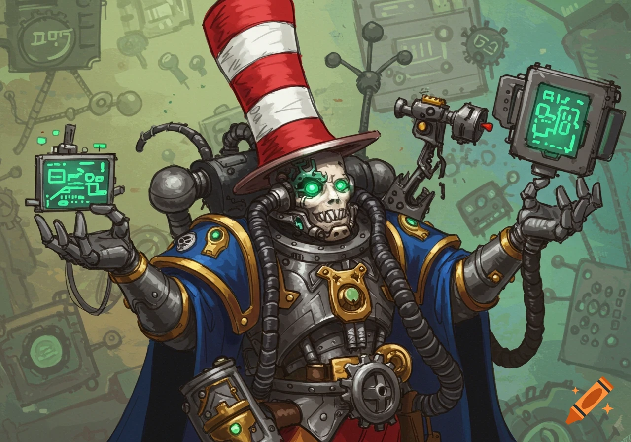 A cartoon sci-fi character resembling Cat in the Hat in mechanical armor, with glowing eyes and screens displaying symbols.