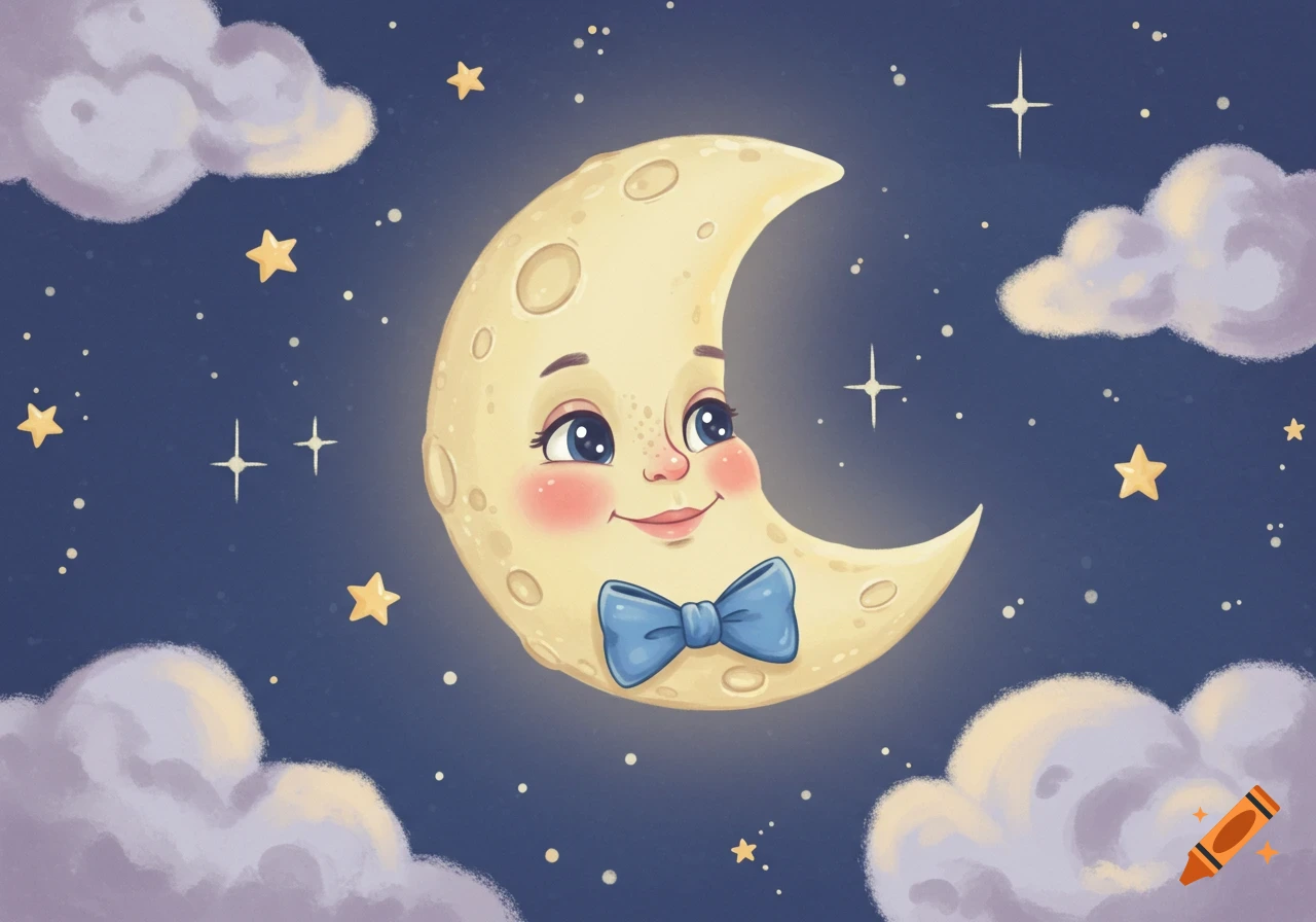 A friendly cartoon moon with a cute face and blue bow tie floats in a starry night sky with clouds, in a children's book illustration style.