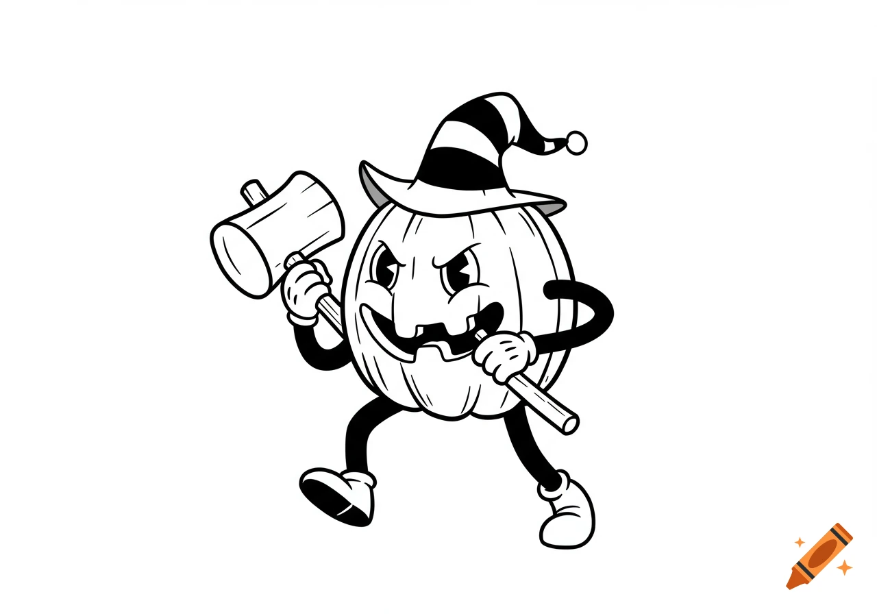 A black and white cartoon pumpkin wearing a striped hat, holding a hammer in one hand and a stick in the other, walking.