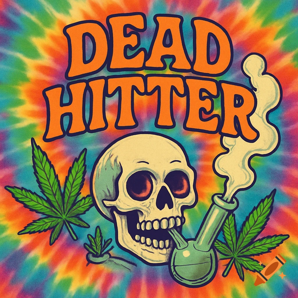 A cartoon skull smokes a bong with cannabis leaves on a psychedelic tie-dye background, text 'DEAD HITTER'.