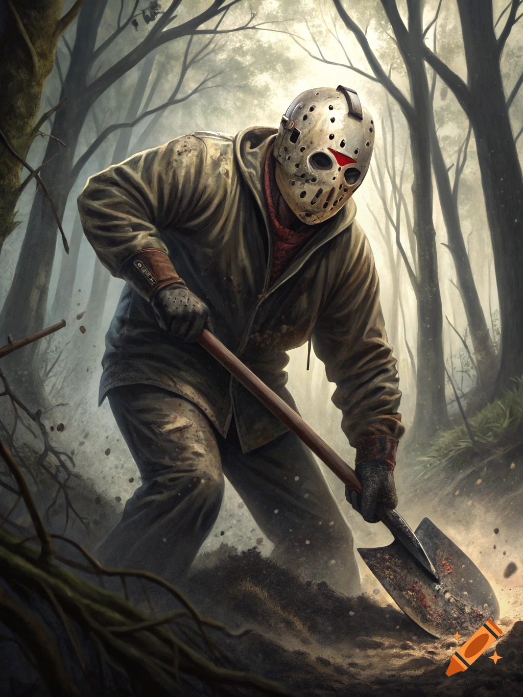 Jason Voorhees in a hockey mask and dirty clothes, digging with a shovel in a misty forest.