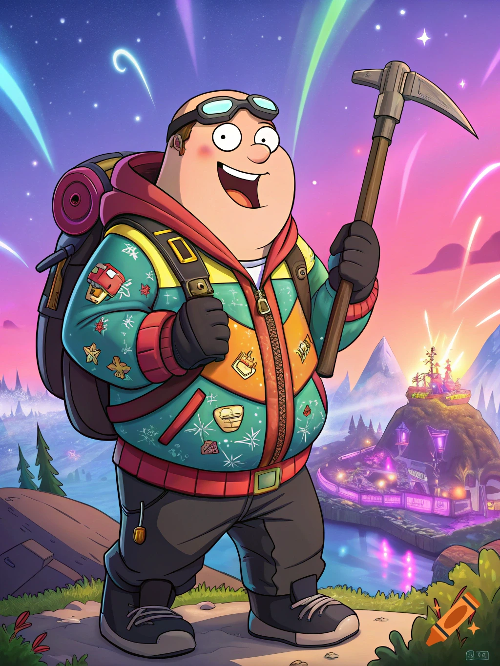Cartoon Peter Griffin, dressed as a hiker with a pickaxe, stands in a colorful, fantastical video game landscape.