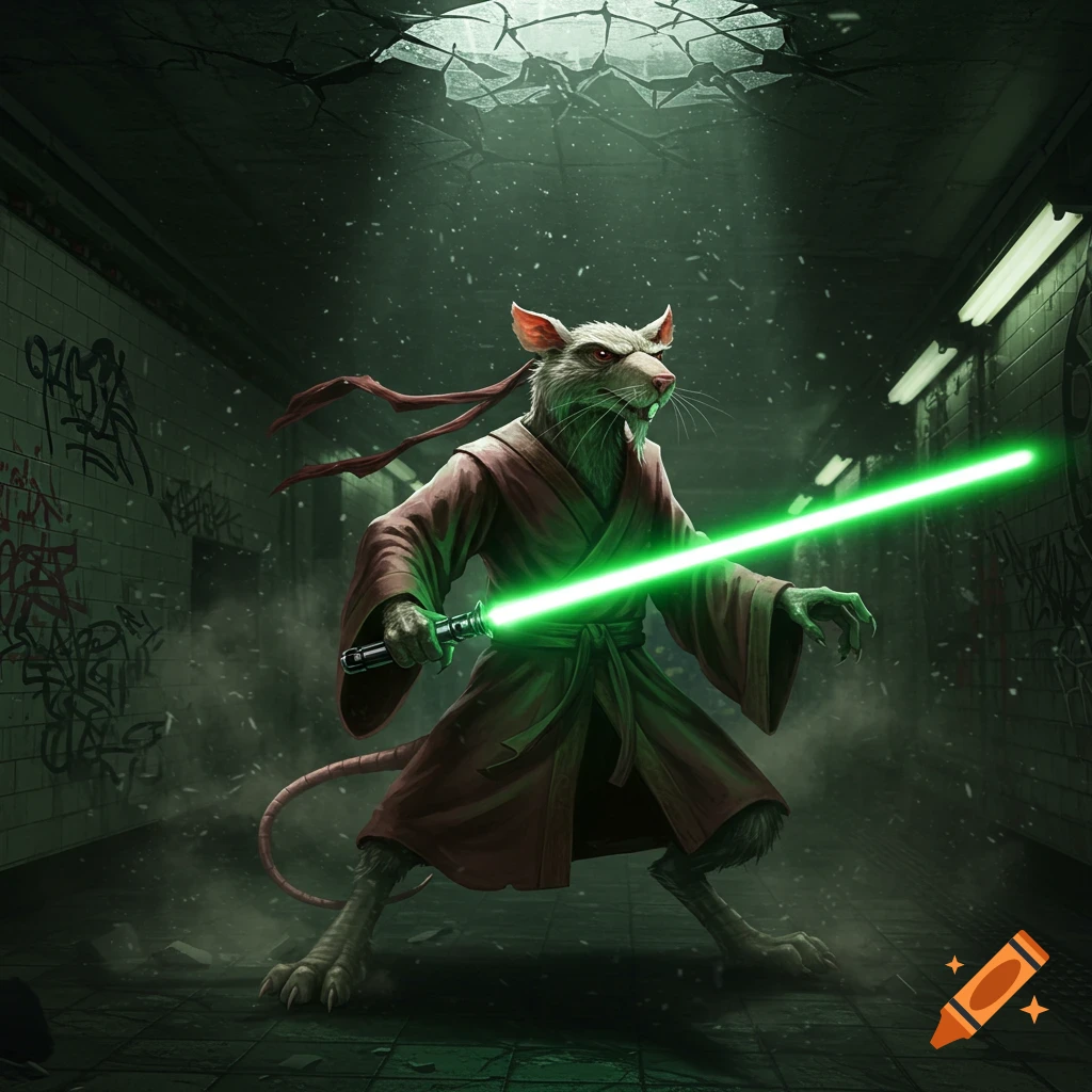 An anthropomorphic rat, resembling Splinter, stands in a dark subway tunnel holding a glowing green lightsaber, surrounded by graffiti.