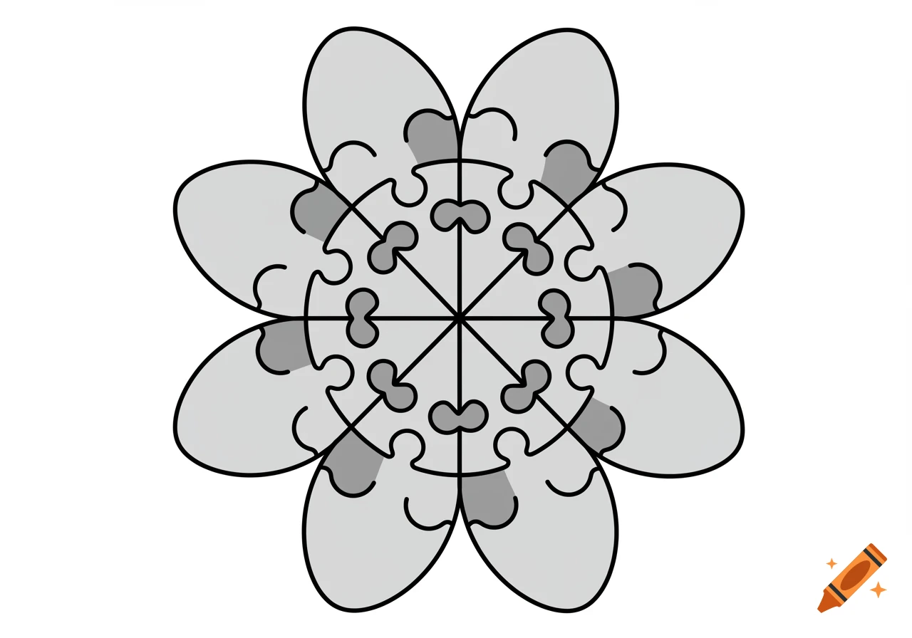 A black and white line drawing of a flower with grey puzzle piece petals.