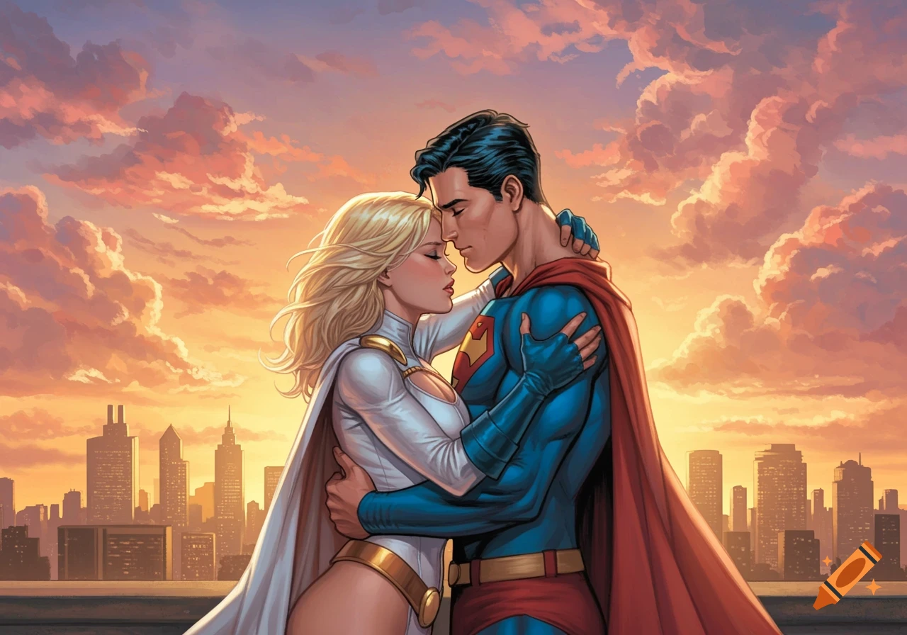 Superman and Power Girl embrace on a rooftop at sunset with a city skyline in the background, in a comic art style.