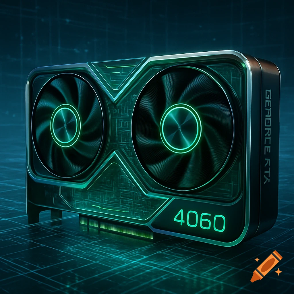 Close-up of a dark, futuristic graphics card with glowing green lights and two fans, on a circuit-patterned surface.