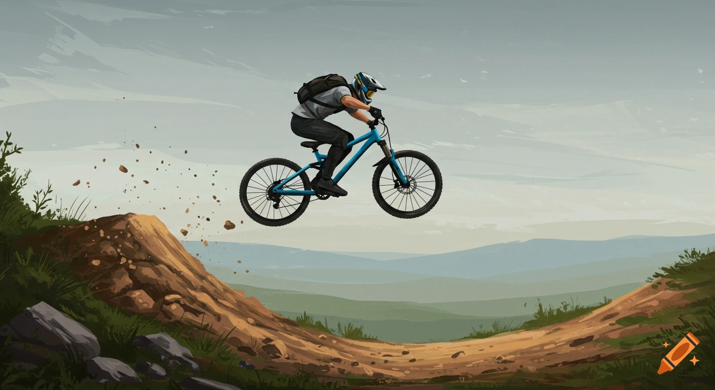A stylized illustration shows a mountain biker launching off a dirt jump, with dirt scattering around, against a backdrop of rolling hills under a cloudy sky.