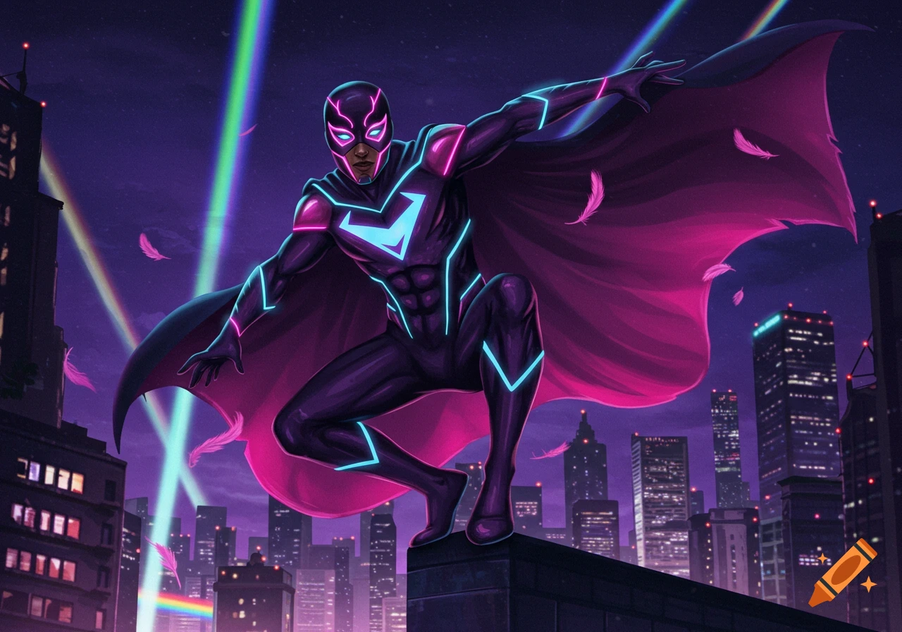 A superhero in a dark suit with neon pink and blue accents and a vibrant pink cape perches on a rooftop at night with a city skyline and colorful light beams in the background.