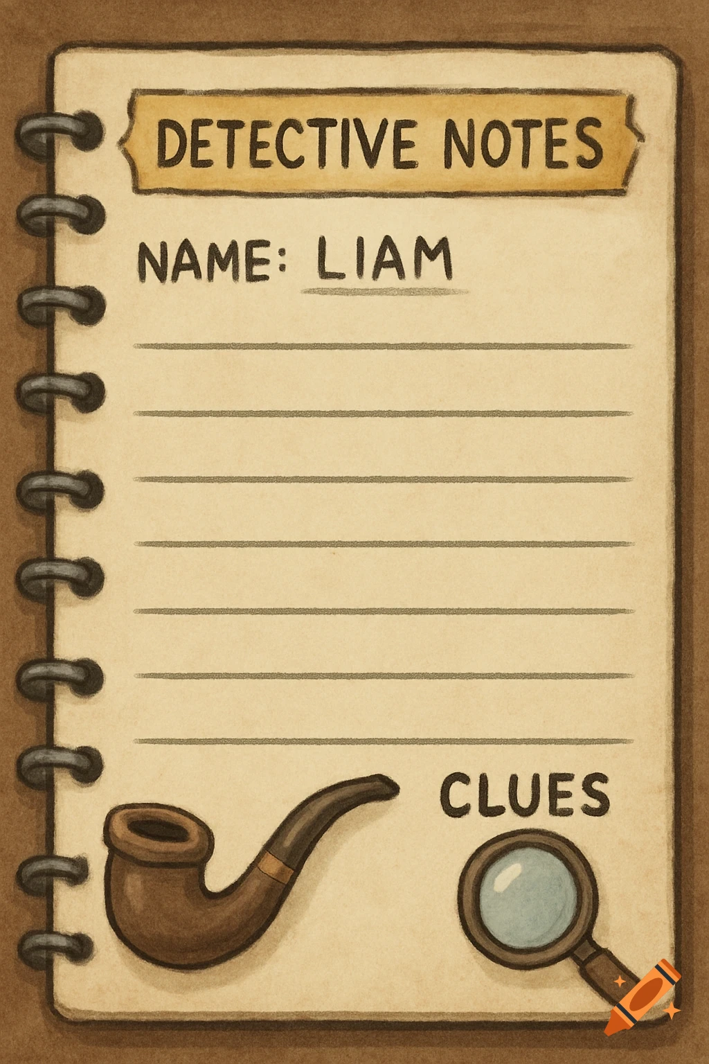 A cartoon-style open notebook page titled "DETECTIVE NOTES" with "NAME: LIAM" written, blank lines, a pipe, and a magnifying glass.