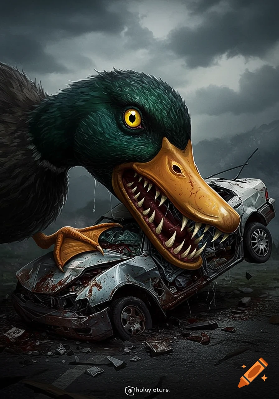 A giant, monstrous duck with sharp teeth devours a demolished car under a dark, stormy sky.