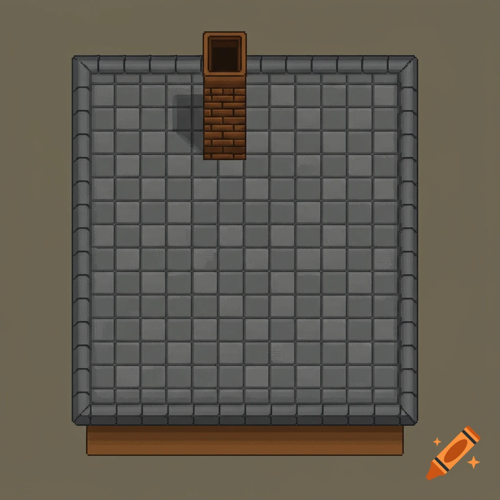 A 64x64 pixel art sprite, overhead view of a gray tiled rooftop with a brown brick chimney.