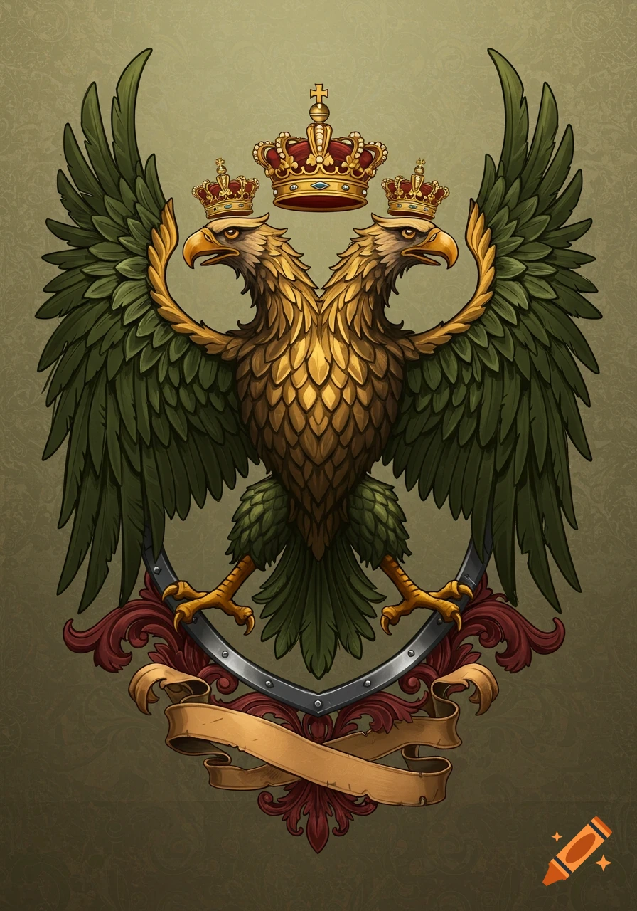 A stylized two-headed golden eagle coat of arms with green wings, wearing three crowns, above an ornate red and silver shield element and a blank banner on a textured green background.