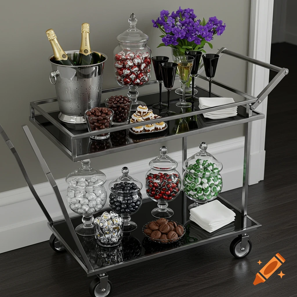 Elegant modern glam service cart with champagne, crystal candy jars, and purple flowers, set for a luxurious party.