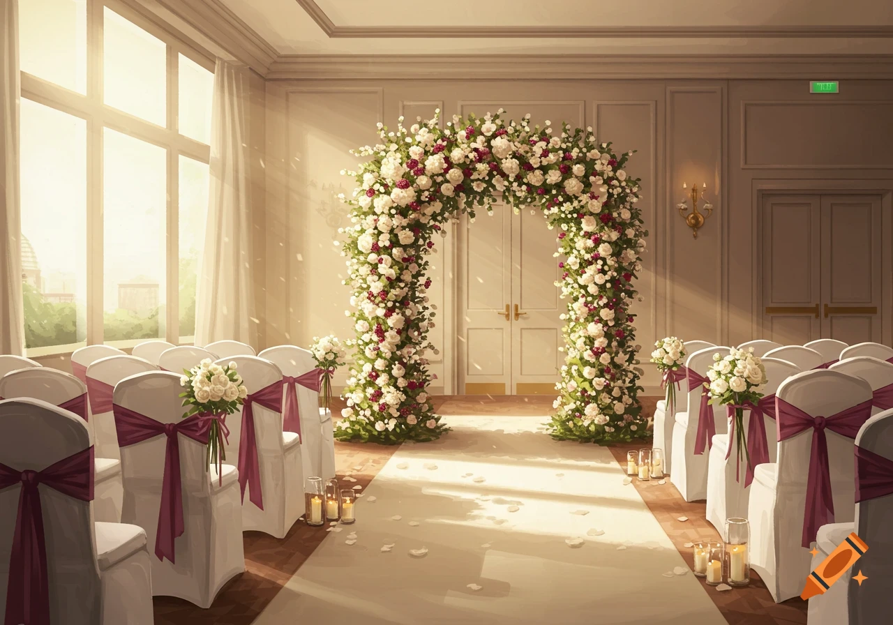 Sunlit wedding ceremony aisle with a large floral arch of white and berry flowers. White chairs with plum bows line the aisle.