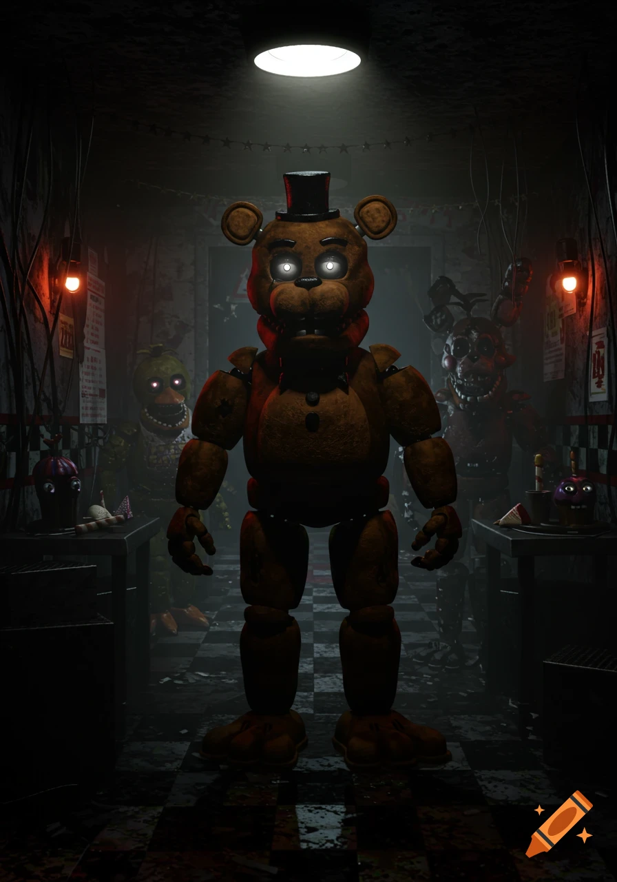 Freddy Fazbear, Chica, and another animatronic stand in a dark, grimy room lit by a single overhead light.