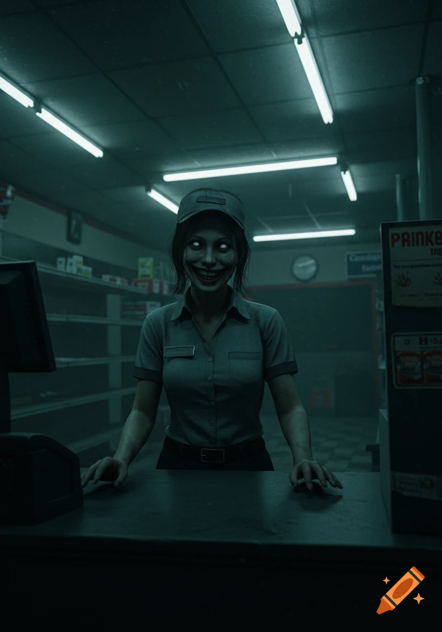 A creepy female gas station cashier with a wide smile and glowing eyes stands in a dimly lit, empty convenience store, in a realistic horror style.