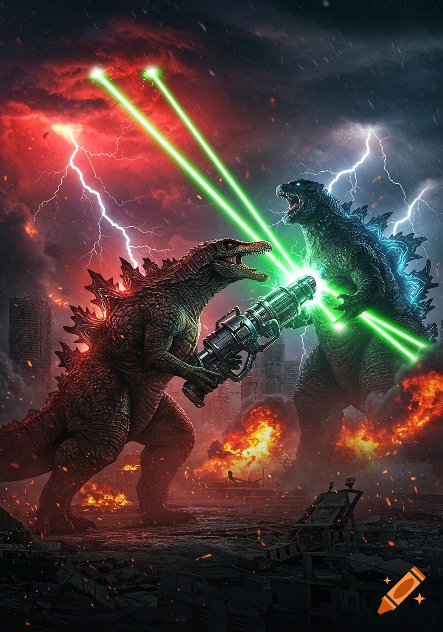A giant red Spinosaurus fires a raygun at a blue Godzilla amidst a lightning storm and city destruction.