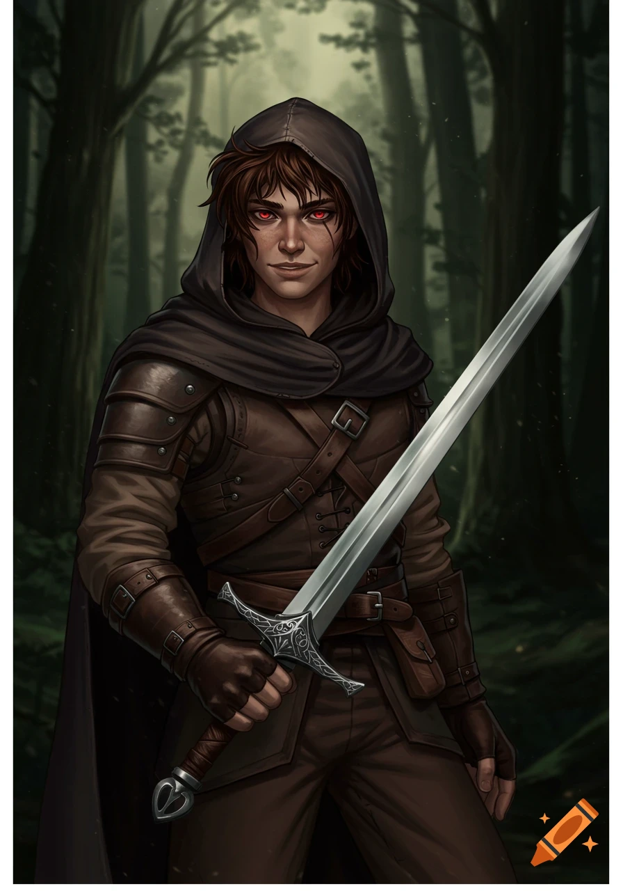 A human fantasy rogue with short messy brown hair, red eyes, and a hood, holding a long sword in a forest.